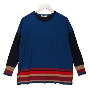 WoolOvers Extra‎ Fine Merino Wool Colorblock Striped Sweater Blue Navy Small